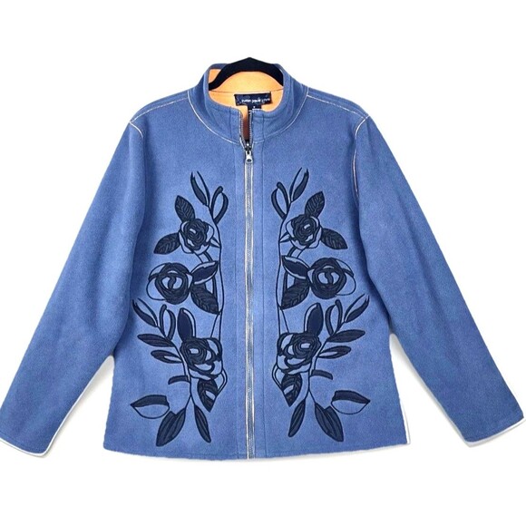 VTG Susan Graver Blue Fleece Jacket Women’s SZ M Black Floral Embroidery Zip - Picture 1 of 11
